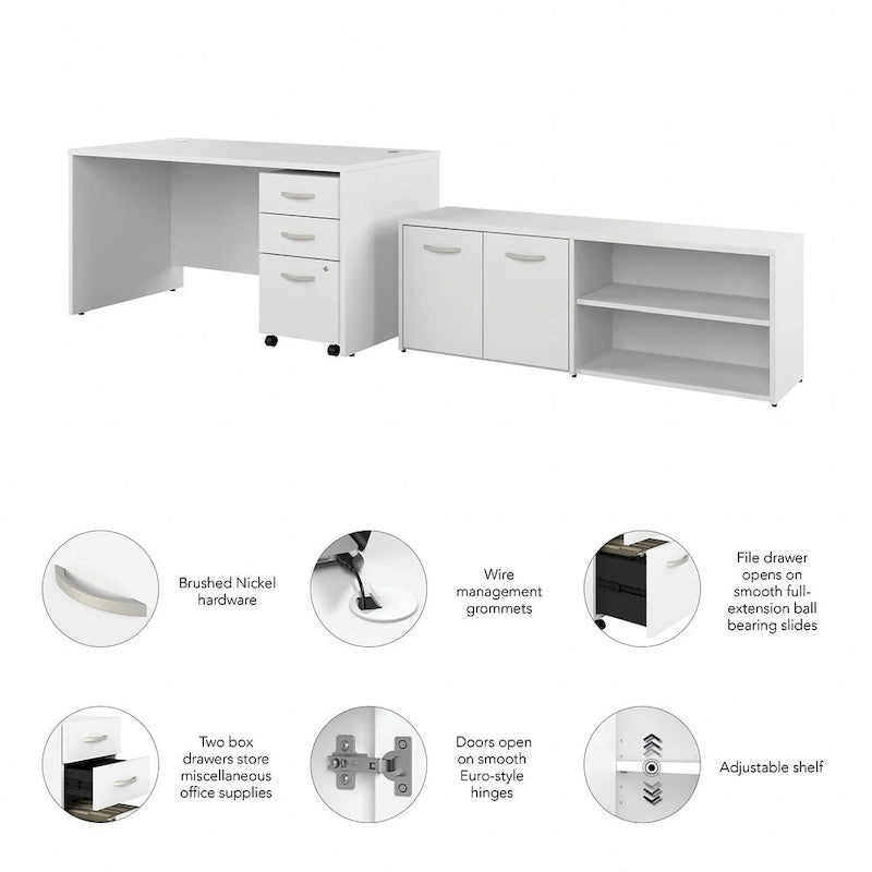 60W Office Desk Bundle with Storage Return, Mobile File Cabinet & Credenza