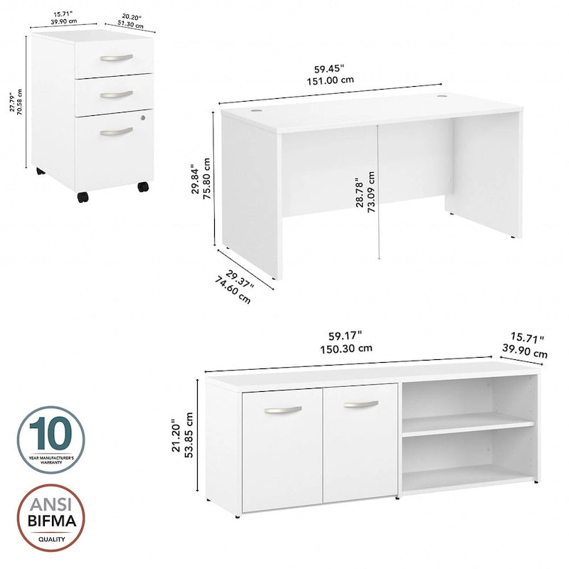 60W Office Desk Bundle with Storage Return, Mobile File Cabinet & Credenza