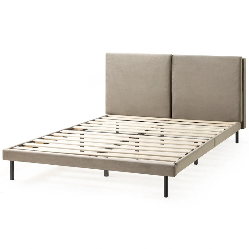 Latte Velvet Upholstered Platform Bed with Split Headboard - No Box Spring Needed