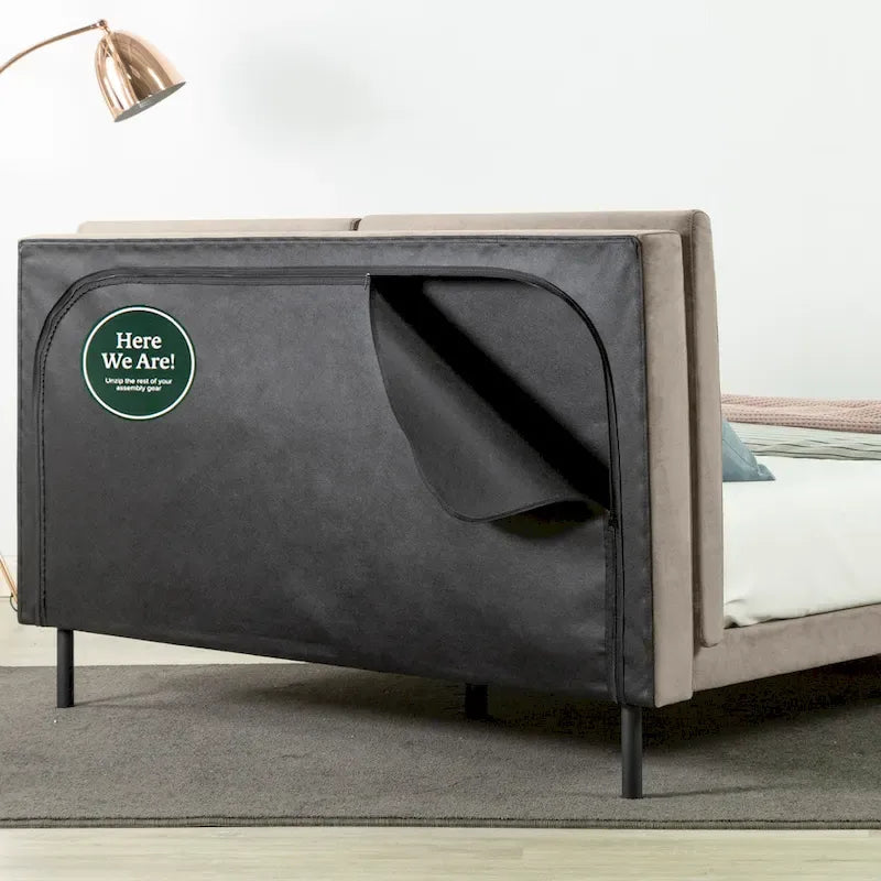 Latte Velvet Upholstered Platform Bed with Split Headboard - No Box Spring Needed
