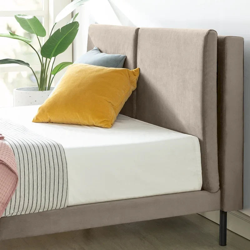 Latte Velvet Upholstered Platform Bed with Split Headboard - No Box Spring Needed