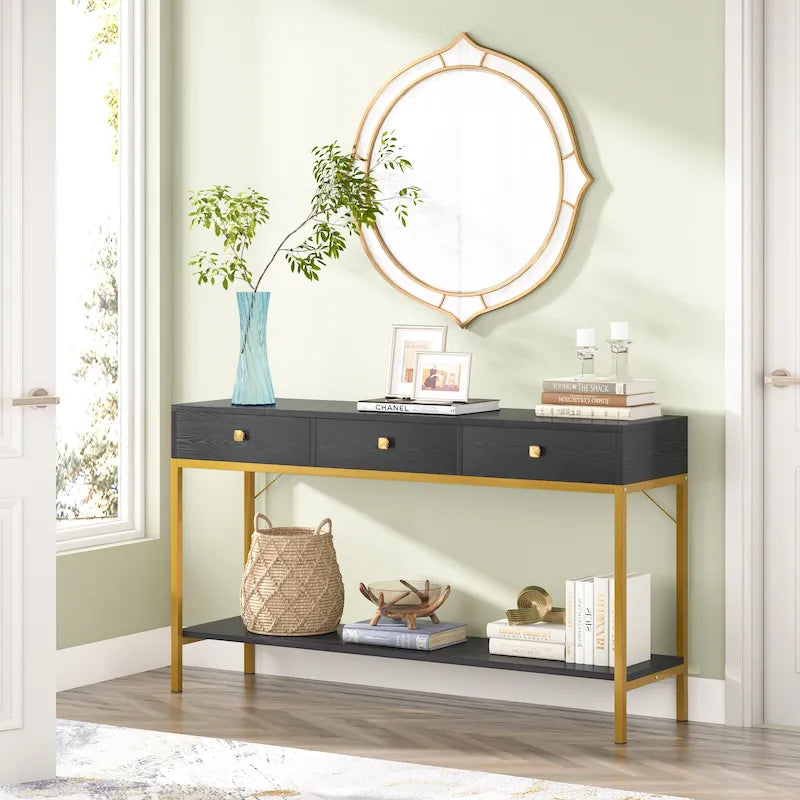 54" Black & Gold Console Table with 3 Drawers & Open Shelf - Entryway Storage