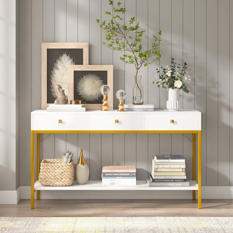 54" Black & Gold Console Table with 3 Drawers & Open Shelf - Entryway Storage