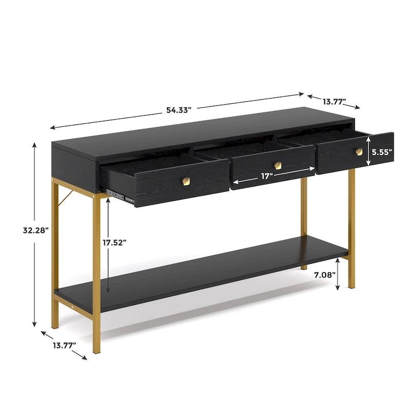 54" Black & Gold Console Table with 3 Drawers & Open Shelf - Entryway Storage