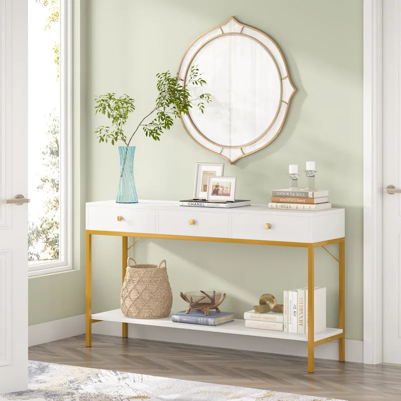 54" Black & Gold Console Table with 3 Drawers & Open Shelf - Entryway Storage
