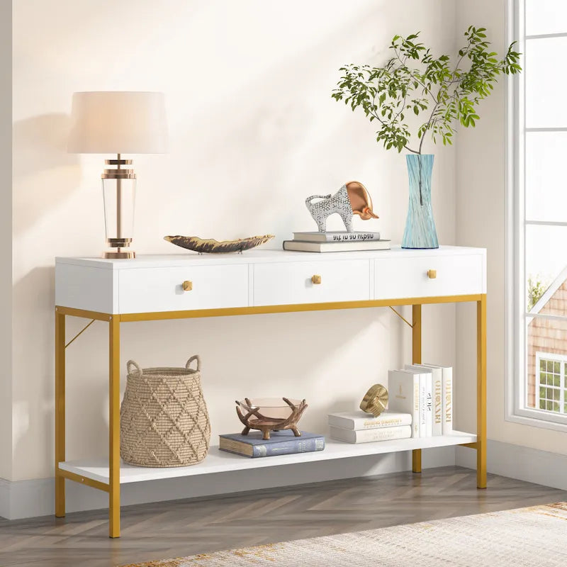 54" Black & Gold Console Table with 3 Drawers & Open Shelf - Entryway Storage