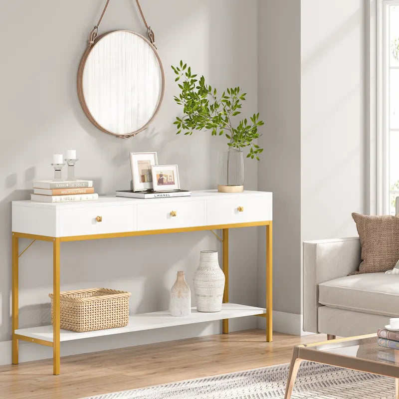 54" Black & Gold Console Table with 3 Drawers & Open Shelf - Entryway Storage