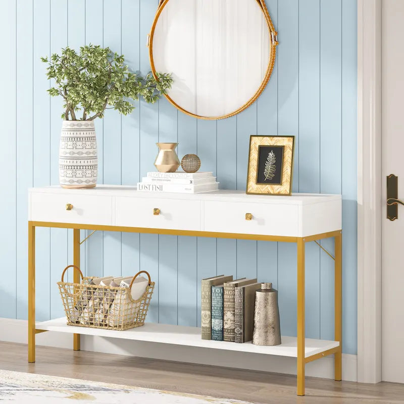 54" Black & Gold Console Table with 3 Drawers & Open Shelf - Entryway Storage