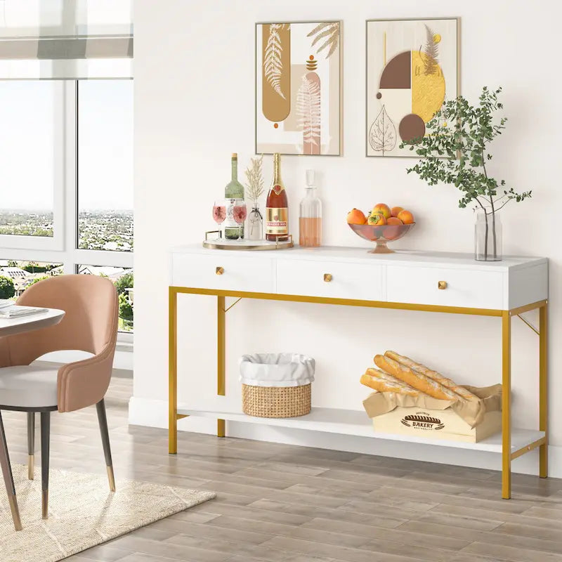 54" Black & Gold Console Table with 3 Drawers & Open Shelf - Entryway Storage