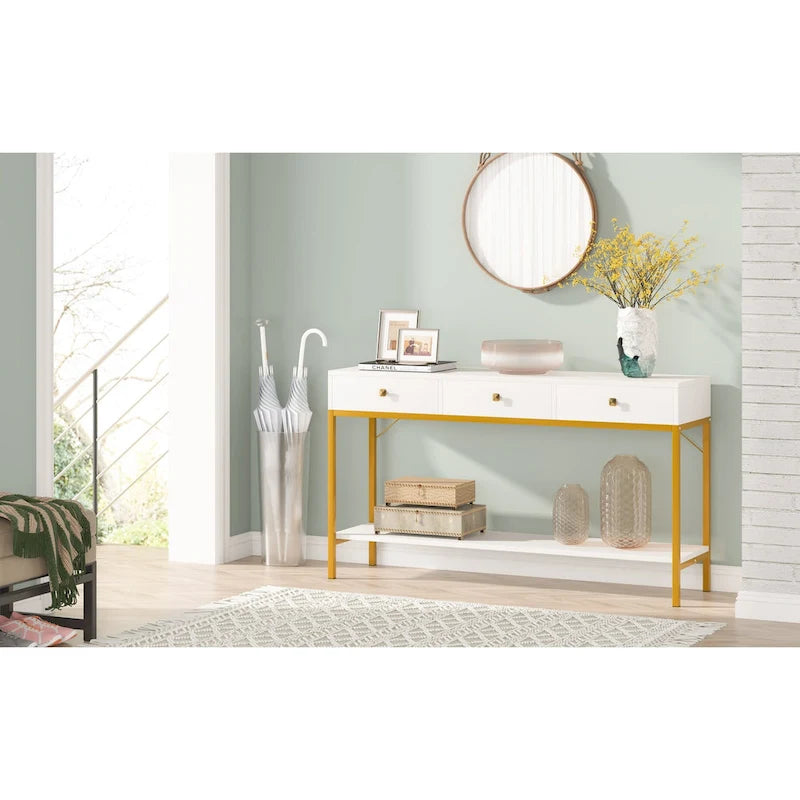 54" Black & Gold Console Table with 3 Drawers & Open Shelf - Entryway Storage