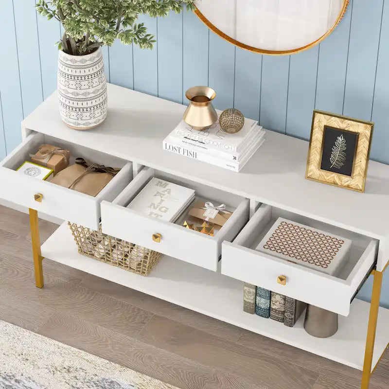54" Black & Gold Console Table with 3 Drawers & Open Shelf - Entryway Storage