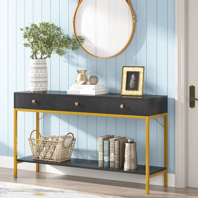 54" Black & Gold Console Table with 3 Drawers & Open Shelf - Entryway Storage