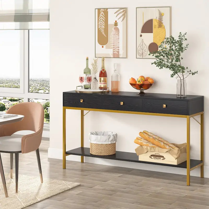 54" Black & Gold Console Table with 3 Drawers & Open Shelf - Entryway Storage