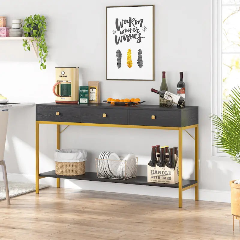 54" Black & Gold Console Table with 3 Drawers & Open Shelf - Entryway Storage