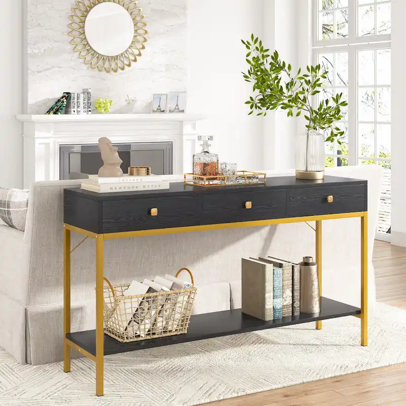 54" Black & Gold Console Table with 3 Drawers & Open Shelf - Entryway Storage
