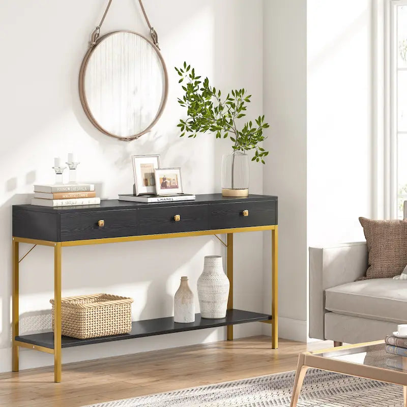 54" Black & Gold Console Table with 3 Drawers & Open Shelf - Entryway Storage
