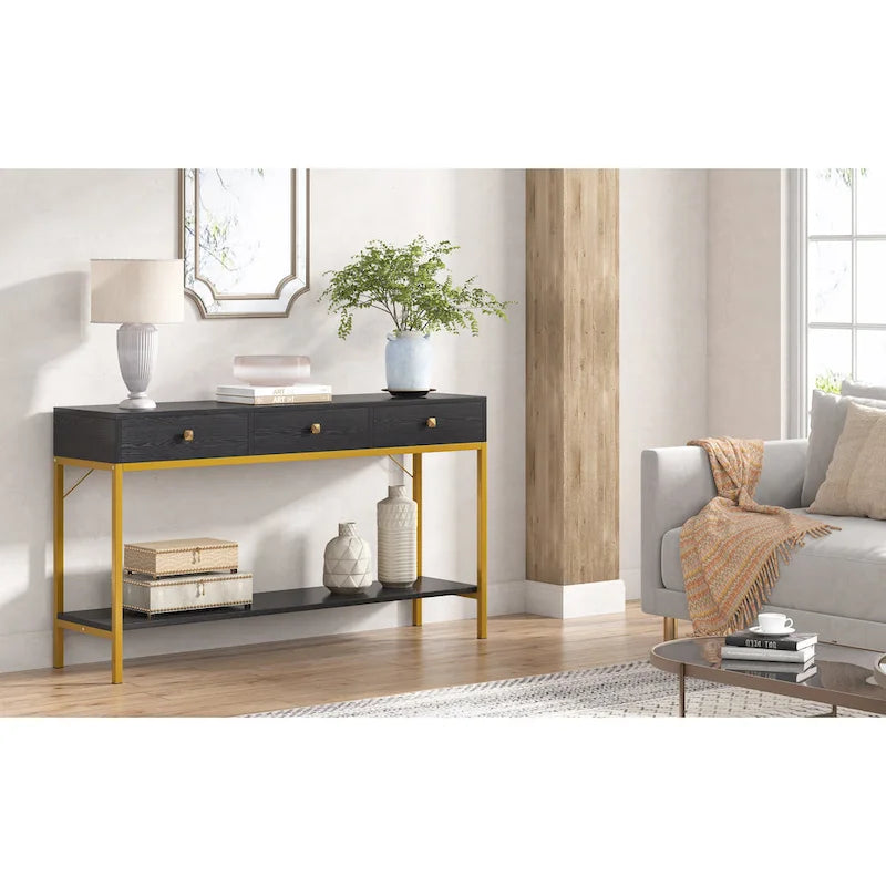 54" Black & Gold Console Table with 3 Drawers & Open Shelf - Entryway Storage