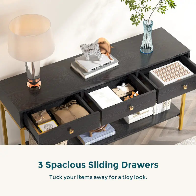 54" Black & Gold Console Table with 3 Drawers & Open Shelf - Entryway Storage