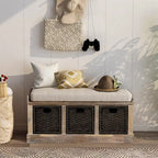 Rustic Entryway Storage Bench with 3 Removable Baskets & Cushioned Seat