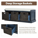 Rustic Entryway Storage Bench with 3 Removable Baskets & Cushioned Seat