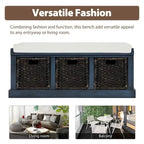 Rustic Entryway Storage Bench with 3 Removable Baskets & Cushioned Seat