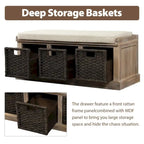 Rustic Entryway Storage Bench with 3 Removable Baskets & Cushioned Seat