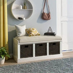 Rustic Entryway Storage Bench with 3 Removable Baskets & Cushioned Seat