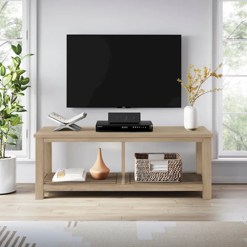 Solid Acacia Wood TV Bench - Contemporary Media Console with Storage