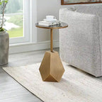 Geometric Antique Bronze Accent Table with Black Glass Top - 14W x 24H x 14D