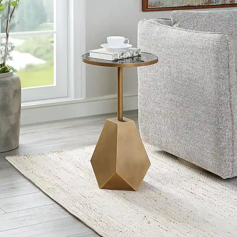 Geometric Antique Bronze Accent Table with Black Glass Top - 14W x 24H x 14D