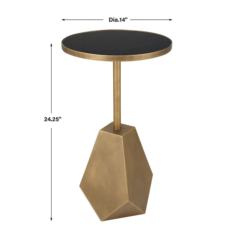 Geometric Antique Bronze Accent Table with Black Glass Top - 14W x 24H x 14D