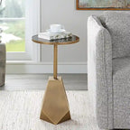 Geometric Antique Bronze Accent Table with Black Glass Top - 14W x 24H x 14D
