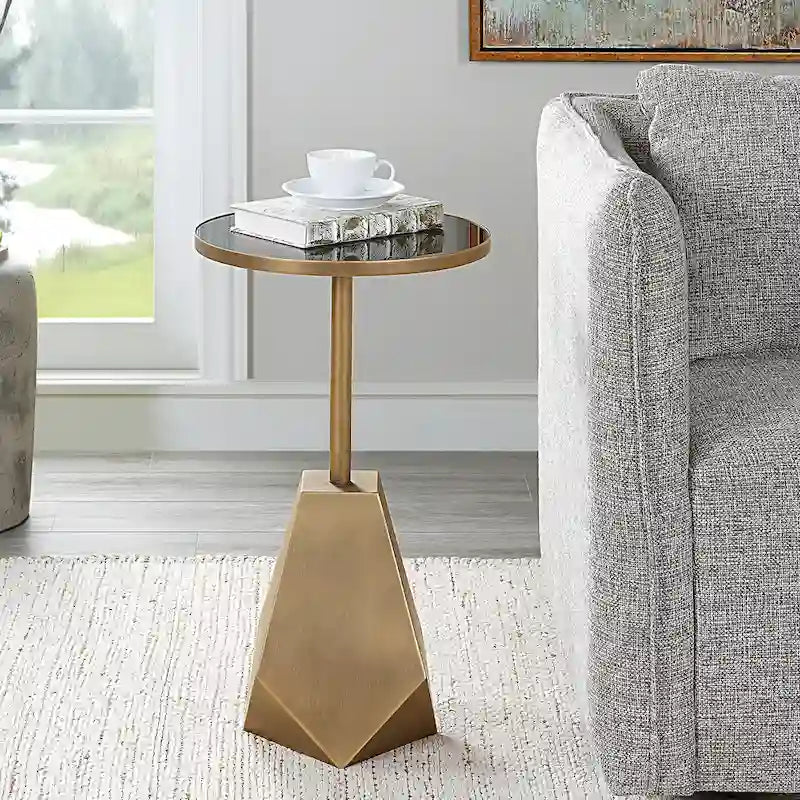 Geometric Antique Bronze Accent Table with Black Glass Top - 14W x 24H x 14D