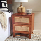 2-Drawer Rattan Accent Nightstand with Coastal Mindi Wood Frame