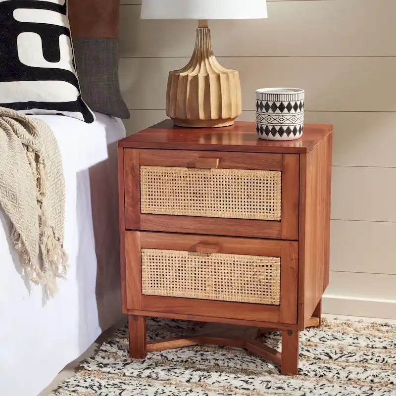 2-Drawer Rattan Accent Nightstand with Coastal Mindi Wood Frame