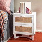 2-Drawer Rattan Accent Nightstand with Coastal Mindi Wood Frame