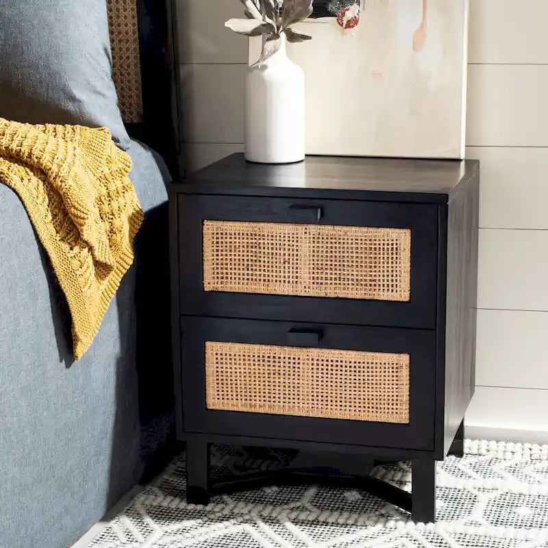 2-Drawer Rattan Accent Nightstand with Coastal Mindi Wood Frame