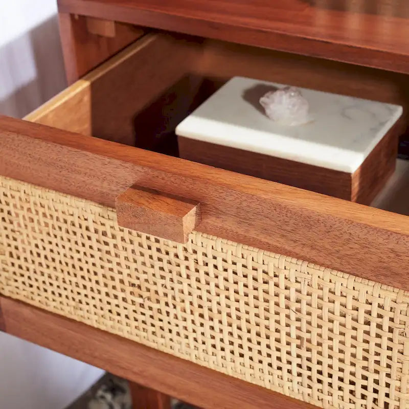 2-Drawer Rattan Accent Nightstand with Coastal Mindi Wood Frame