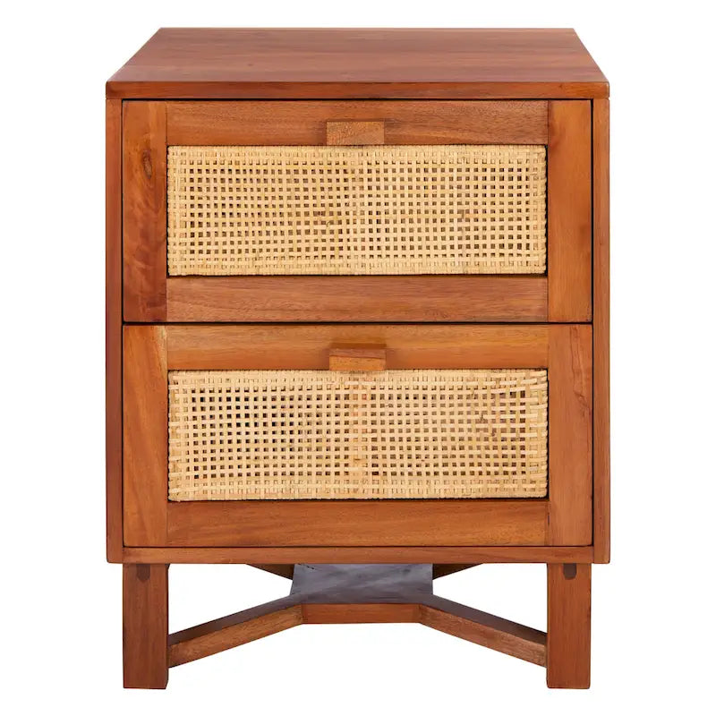 2-Drawer Rattan Accent Nightstand with Coastal Mindi Wood Frame