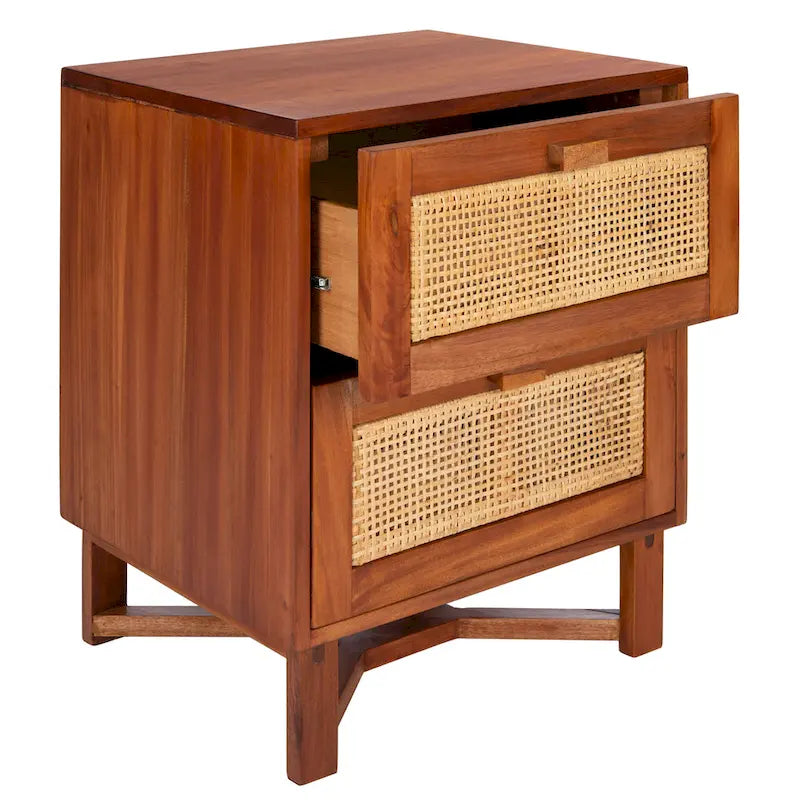 2-Drawer Rattan Accent Nightstand with Coastal Mindi Wood Frame