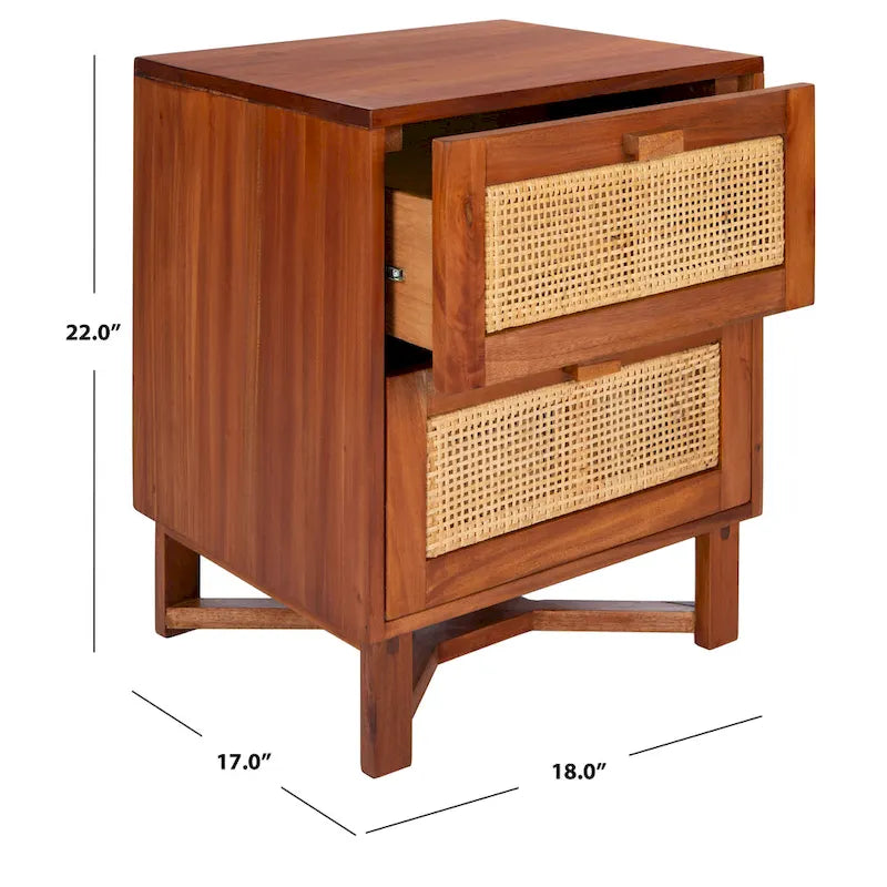 2-Drawer Rattan Accent Nightstand with Coastal Mindi Wood Frame