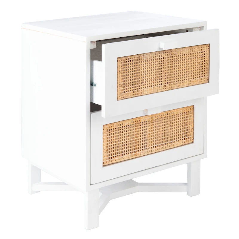 2-Drawer Rattan Accent Nightstand with Coastal Mindi Wood Frame