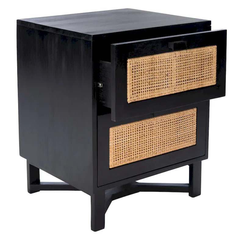 2-Drawer Rattan Accent Nightstand with Coastal Mindi Wood Frame