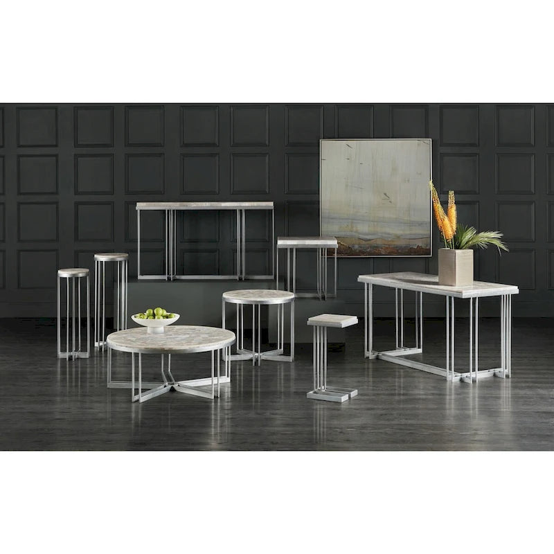 Round Cocktail Table - Pewter Metal Base & Tumbled White Onyx Top, 42"