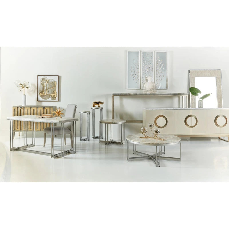 Round Cocktail Table - Pewter Metal Base & Tumbled White Onyx Top, 42"