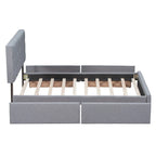 Upholstered Platform Bed with Classic Headboard and 4 Drawers, No Box Spring Needed, Linen Fabric, Queen Size Light Gray