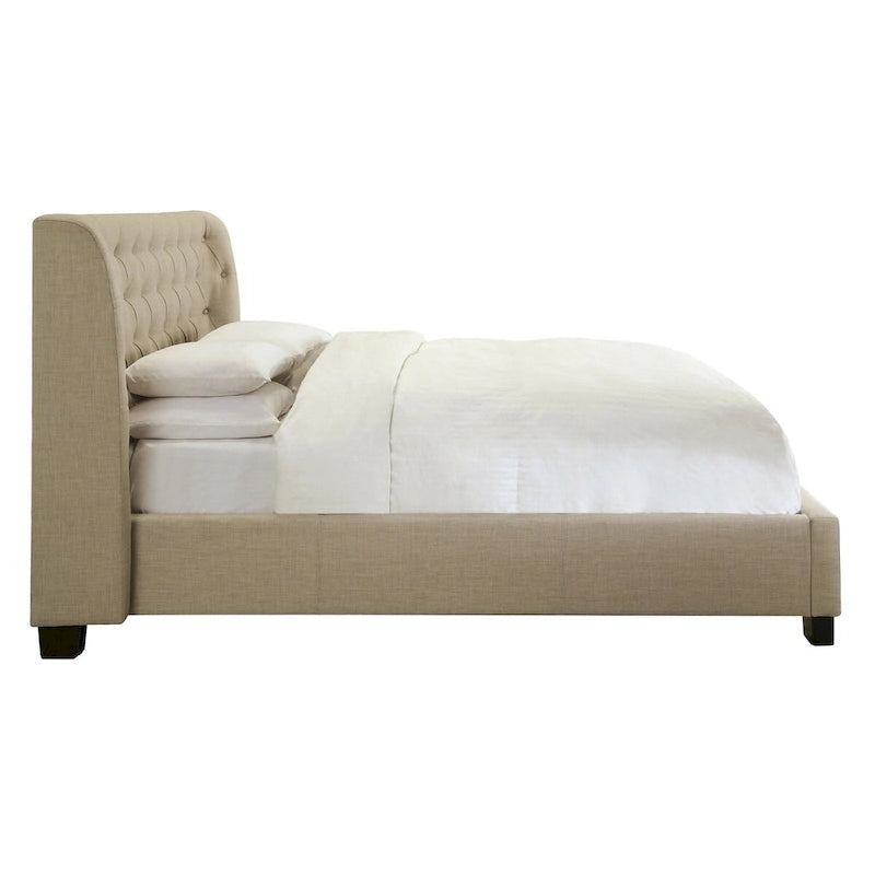Pax Queen Bed with Storage Footboard & Button Tufted Beige Linen Upholstery