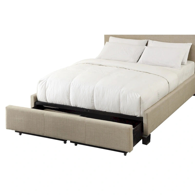 Pax Queen Bed with Storage Footboard & Button Tufted Beige Linen Upholstery