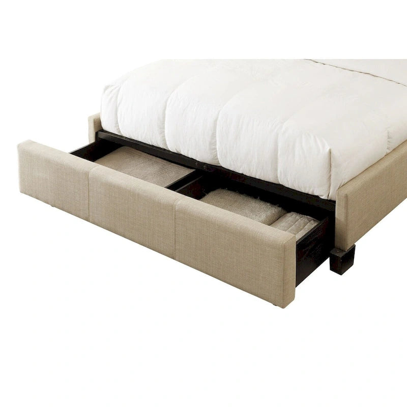 Pax Queen Bed with Storage Footboard & Button Tufted Beige Linen Upholstery