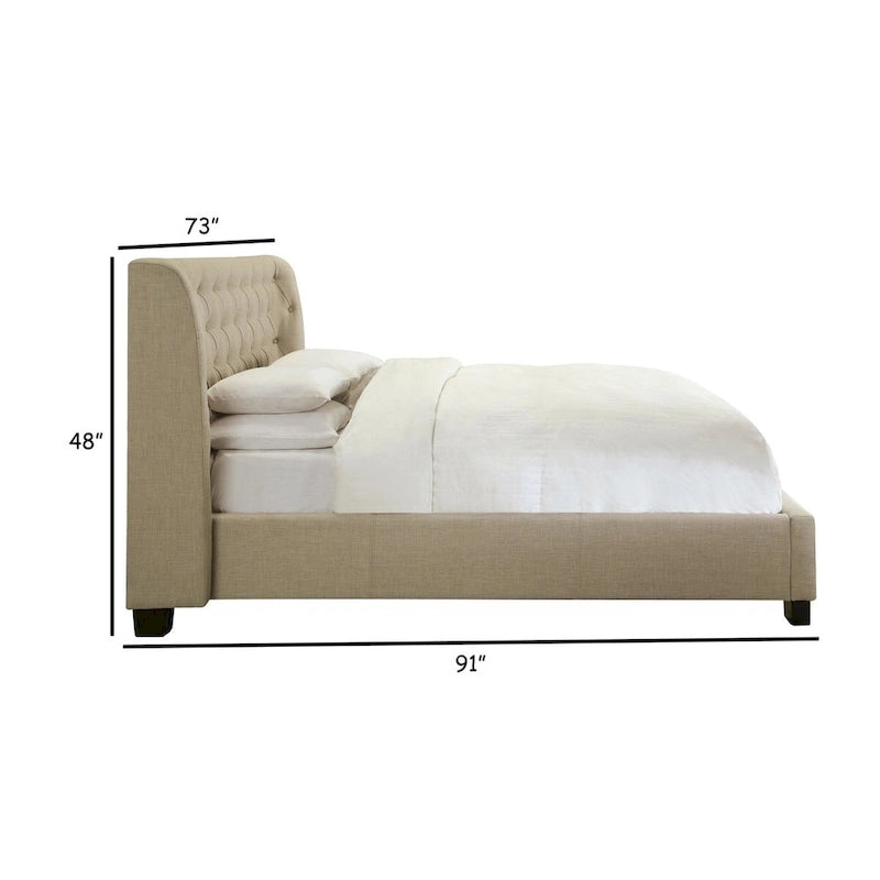 Pax Queen Bed with Storage Footboard & Button Tufted Beige Linen Upholstery